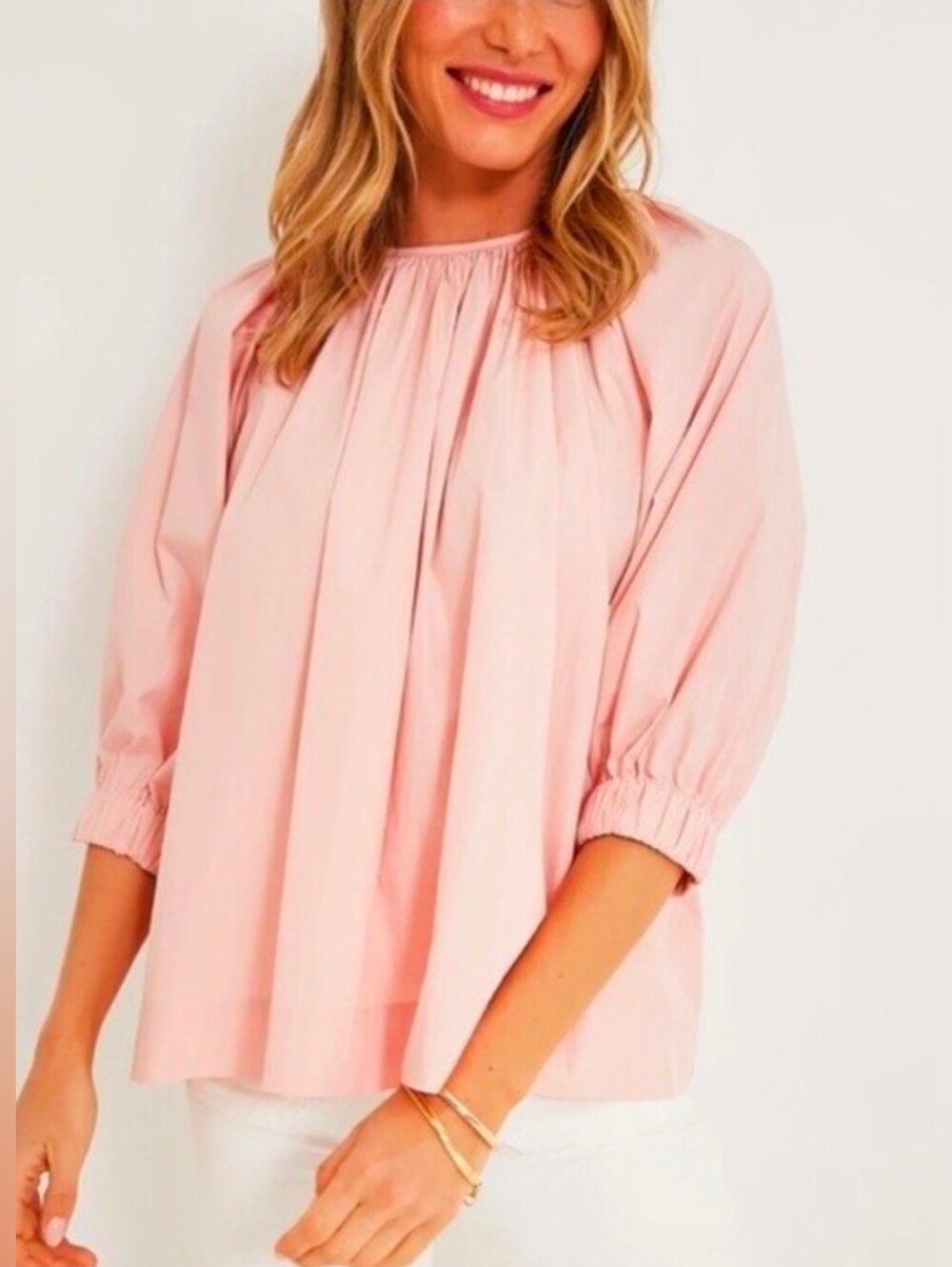 Pomander Place Blush Pink Gathered Neck Peasant Blouse